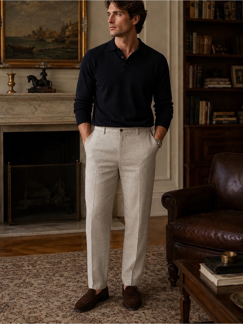 Fairlane Linen Cotton Stretch Natural Flat Front Slim Pants Men’s Lightweight
